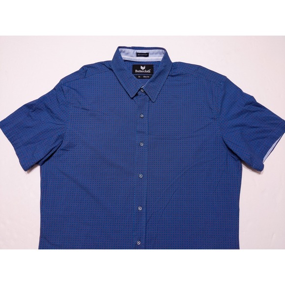BUTTERCLOTH Icy Cotton Short Sleeve Button Shirt Blue Dots All Over XL Slim Fit - Picture 5 of 8